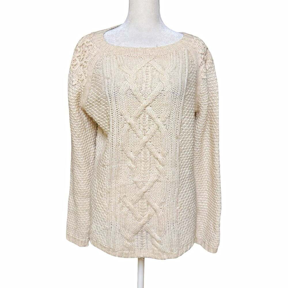 Talbots Ivory Cable Knit Boat Neck Pullover Sweater Long Sleeve Womens L